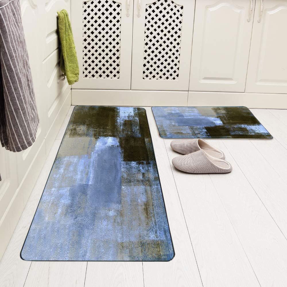 TOMWISH Vintage Kitchen Rug Blue and Brown Abstract Art Painting 17"X48"+17"X24" Abstract Area Rug Non Skid Washable for Kitchen Dining Room Floor Home Office Sink Laundry