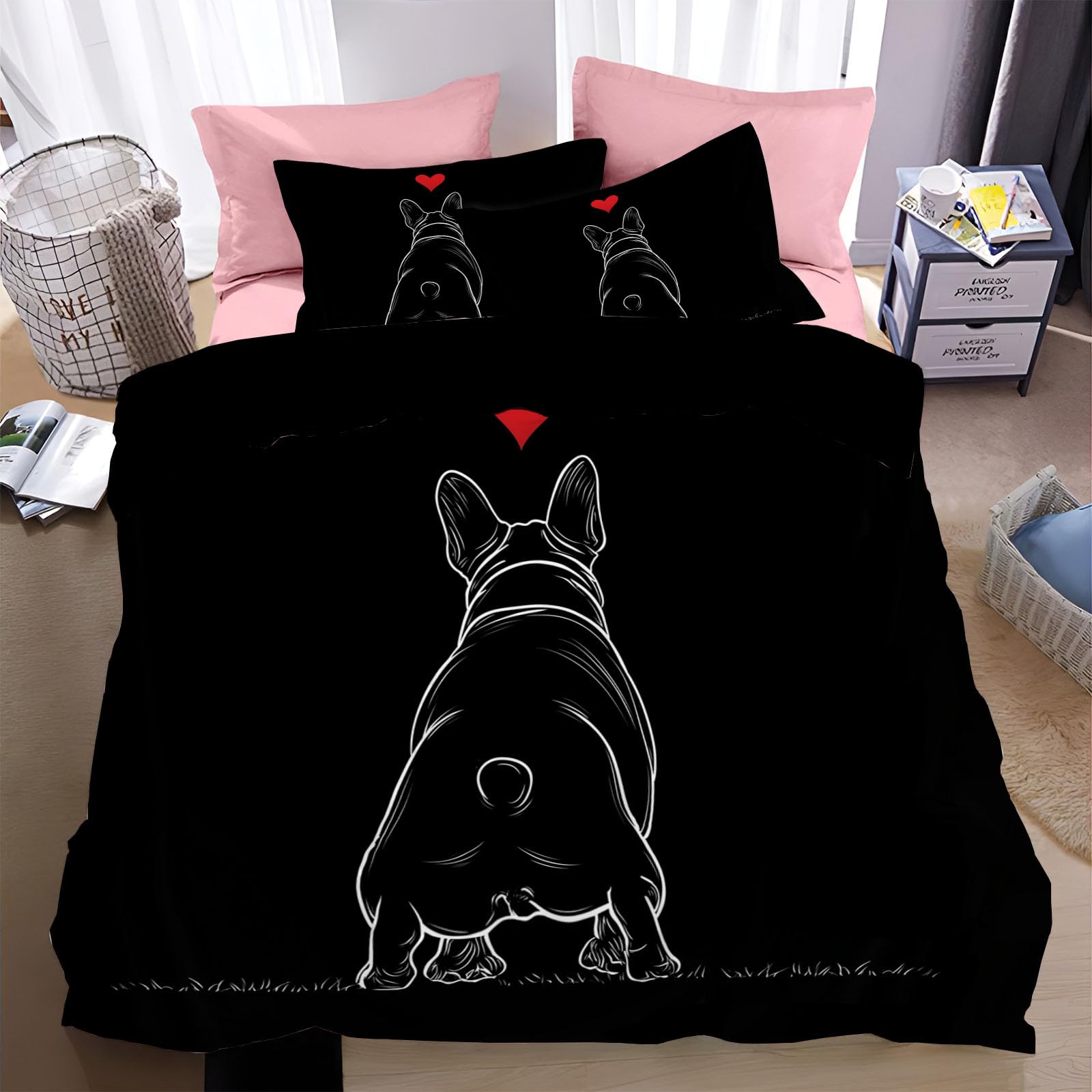 Housse de Couette Bouledogue Noir 200x200 Parure de Lit Microfibre Enfant Adulte Motif Coeur Rouge