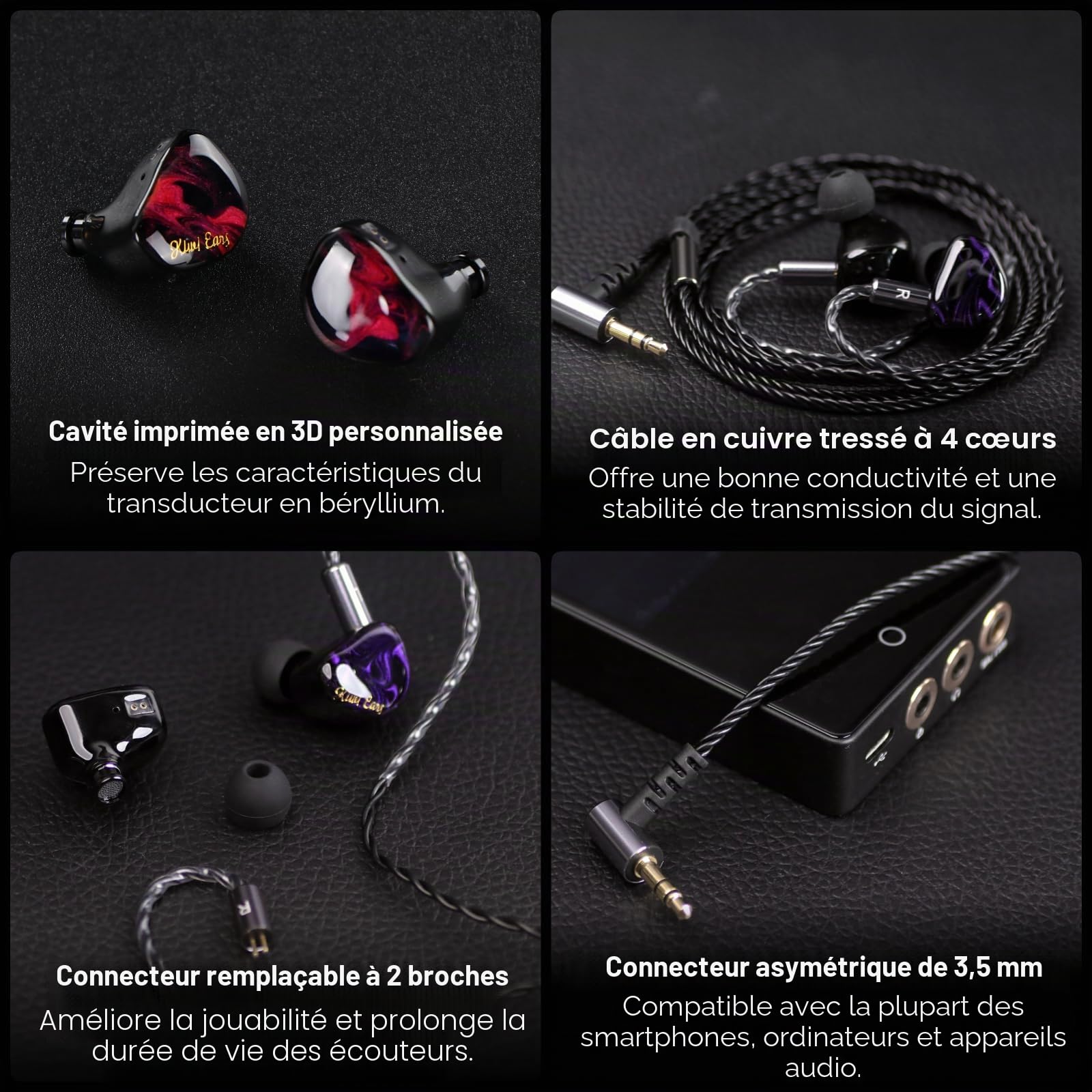 Linsoul Kiwi Ears Cadenza 10 mm Beryllium Dynamic Driver IEM, Imprimé 3D avec Prise Interchangeable Détachable 0,78 2 Broches 3,5 mm Câble IEM, pour Musicien Audiophile (Bleu)
