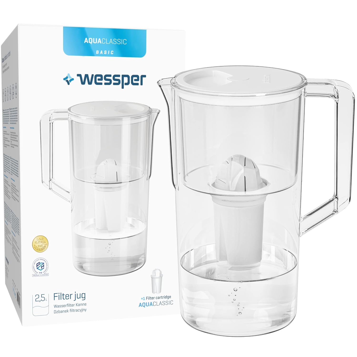 Wessper Jarra Filtradora De Agua AquaClassic 2.5 Litros Blanco + 1 Cartucho De Filtro Agua | Water Filter Jarra Purificadora de Agua Compatible Con Filtro Brita Dafi | Jarra Agua Plastico Sin BPA