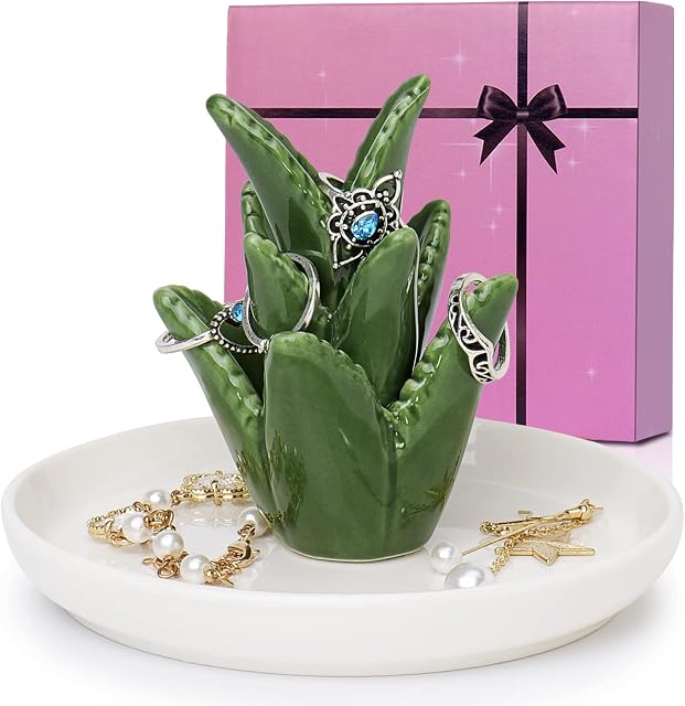 FORAGIFT Gift for Women - Ceramic Aloe Ring Holder Jewelry Dish is a Wonderful Gift for Aloe Lovers, Mother, Sister, Aunt, Girlfriend, Christmas Birthday Wedding Gifts for Her