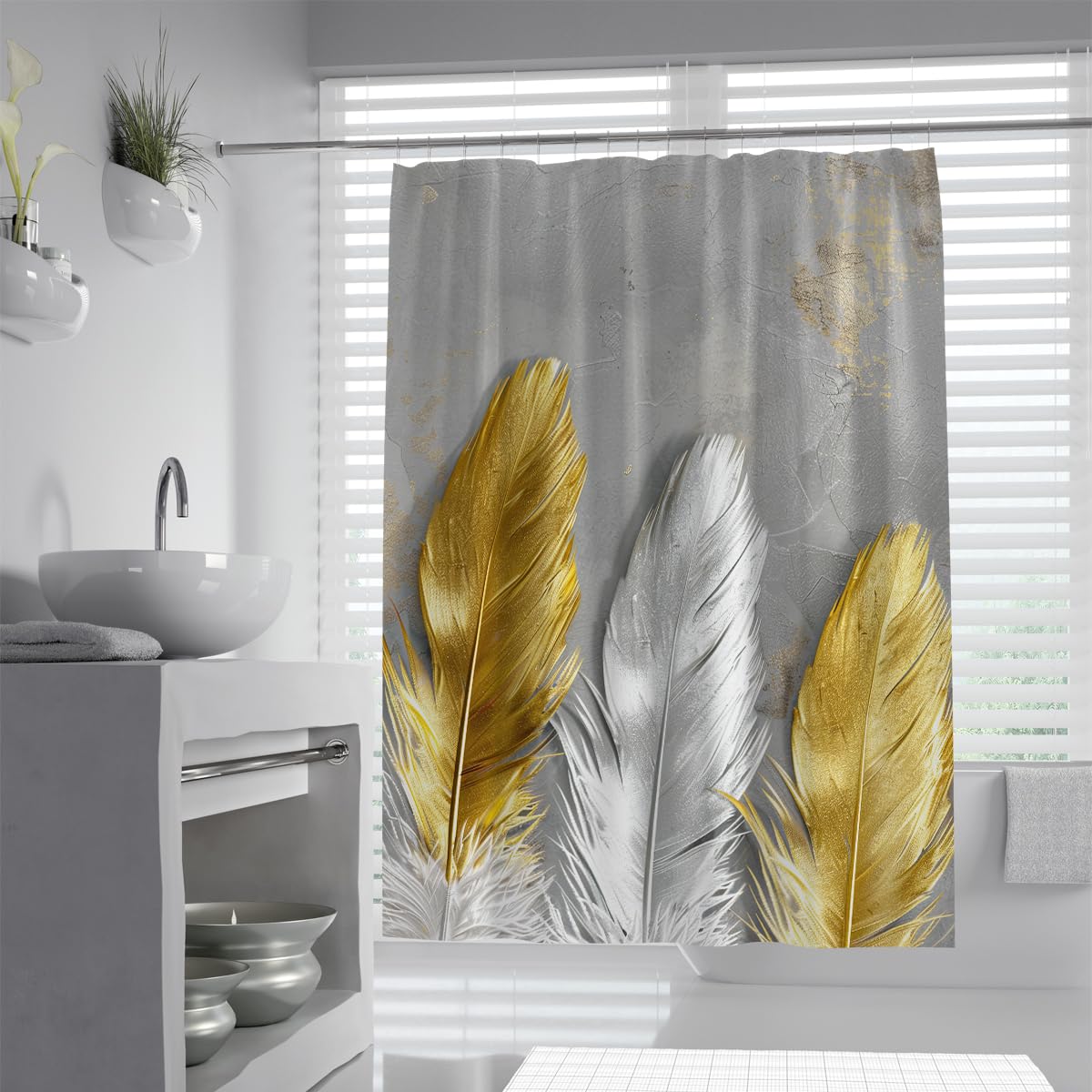 UIRINGART Contemporary Shower Curtains W120xL200cm Yellow Grey White Large Feathers Plume Mildew Mould Resistant Waterproof Fabric Washable Bathroom Decor