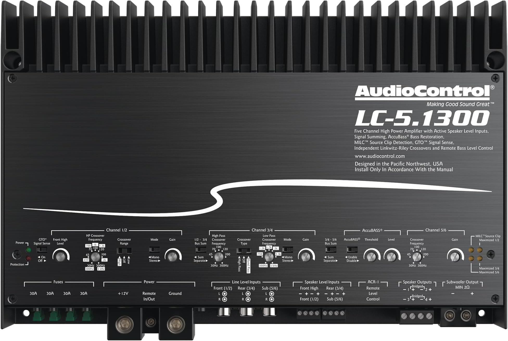 LC-5.1300 High-Power 3/5-Channel 1300W Class D Car Audio Amplifier with AccuBASS, High Fidelity, Line-Level RCA & Speaker Level Inputs, High/Low/Band Pass Crossovers, Subsonic Filter