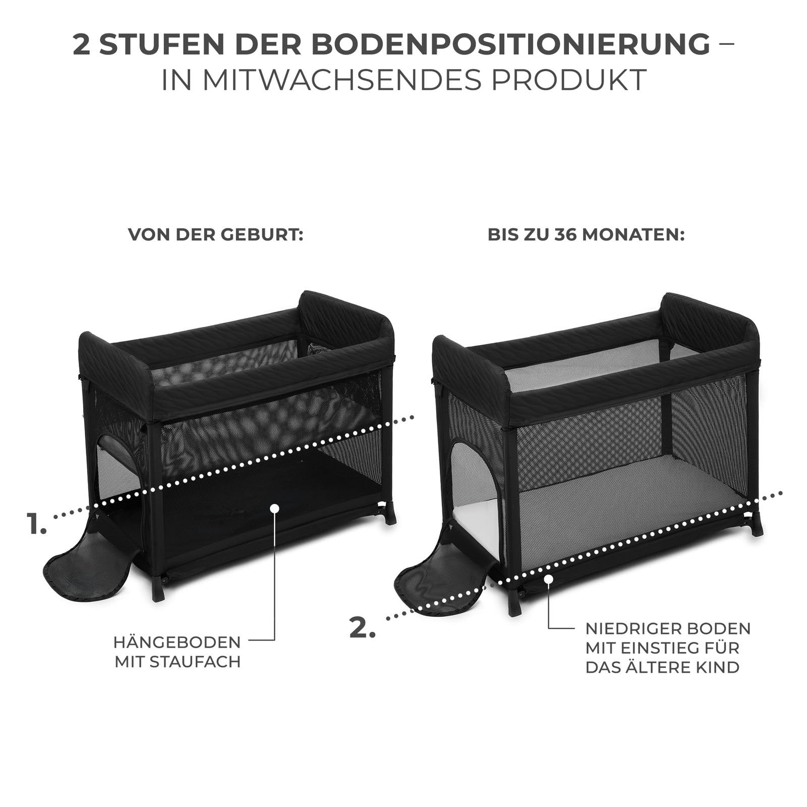 Kinderkraft Moon Dream Reisebett von der Geburt bis 3 Jahre, Zweistöckiges Babybett, mit einem Handgriff zusammenklappen, Matratze Tragetasche inklusive, Schnelle Reinigung, Schwarz