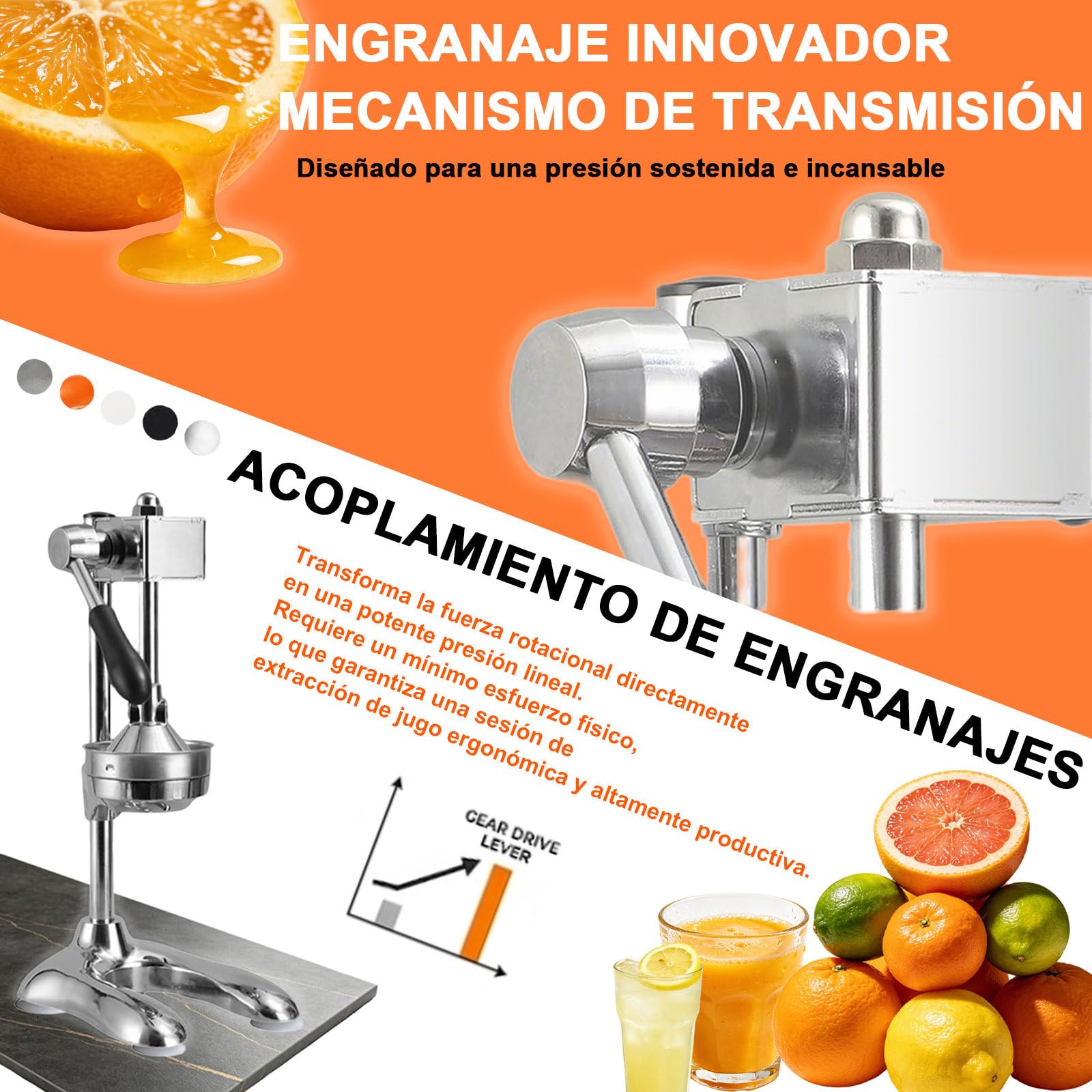 Exprimidor Manual con Engranajes, Prensa de Naranjas de Cremallera y Pinon, Prensa de Frutas con Accion de Palanca para Presion Lineal Blanco-Cabezapuntiaguda