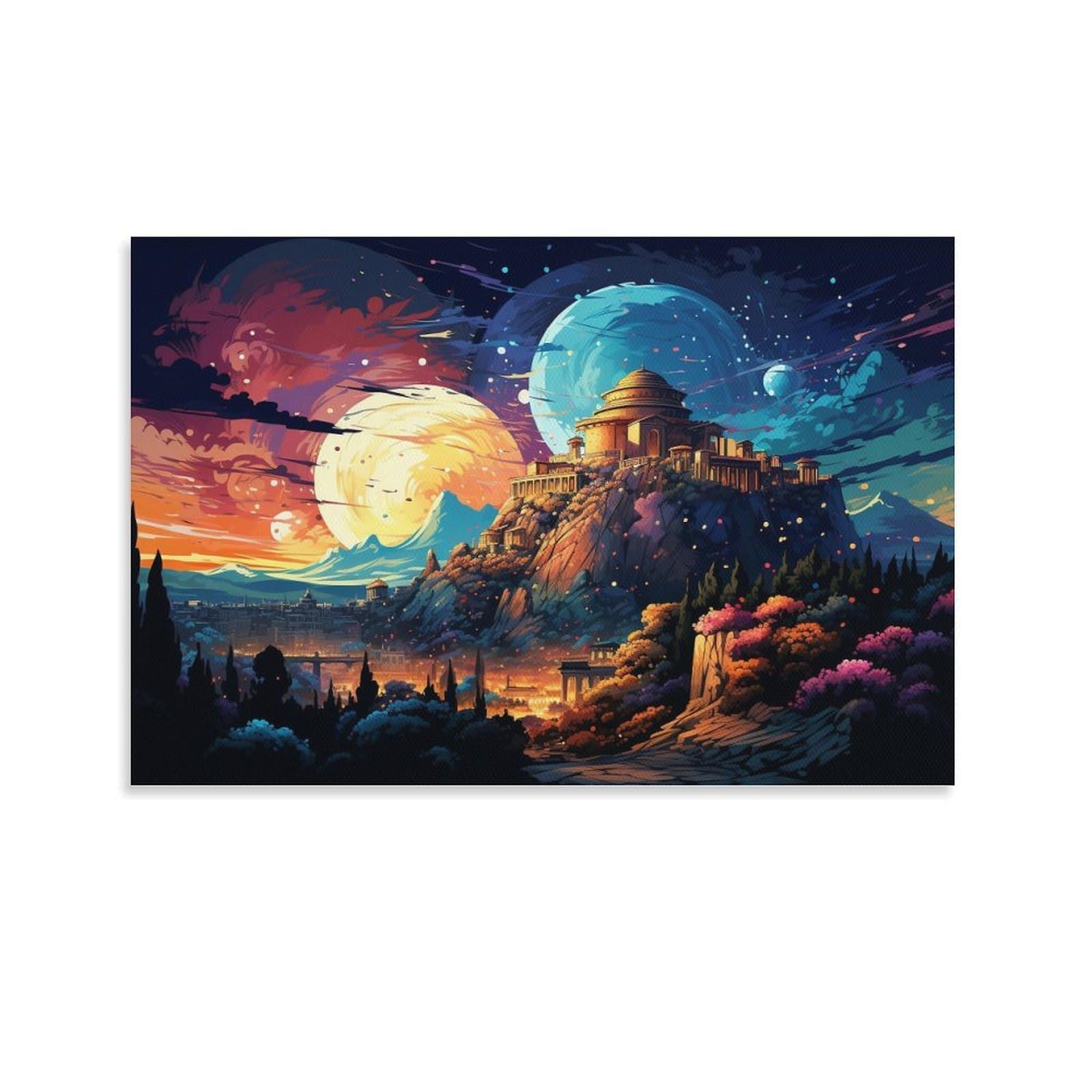 CPLVKWRQJ Bright Magical Colorful Individual Fantasy Alien Temple Landscape Canvas Wall Hanging - Office Wall Focal Art Fade Resistant Statement Piece Decor 20x30inch(50x75cm)