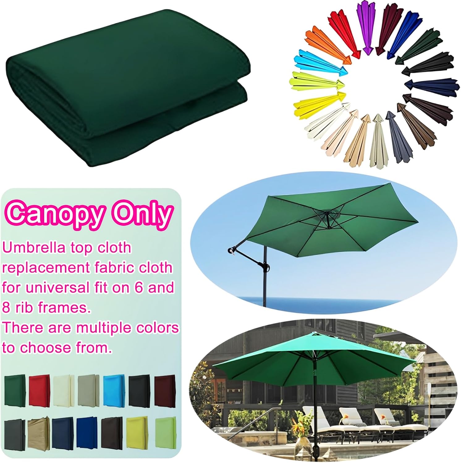Replacement Umbrella Canopy 6.5-11.5ft, Patio Umbrella Replacement Canopy Only for 6/8 Ribs, Outdoor Table Market Yard Umbrella Replacement Top Cover