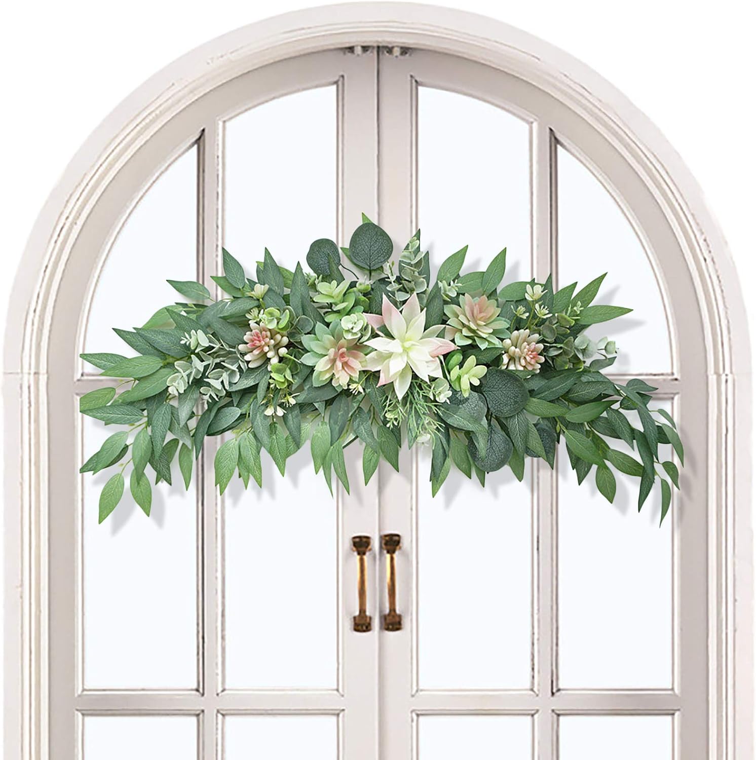 27.6inch Artificial Eucalyptus Swag Decorative Swag with Simulation Succulents Spring Floral Swag Wreath for Home Wedding Arch Wall Decor, Green