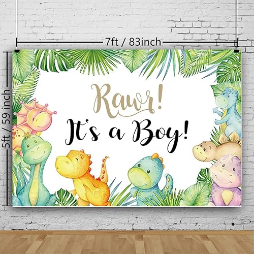Miniatura 2 de ZARROUEA Cartel de fondo de baby shower de dinosaurio pequeño de 7 x 5 pies con texto en inglés "It's A Boy" ("It's A Boy"), telón de fondo para