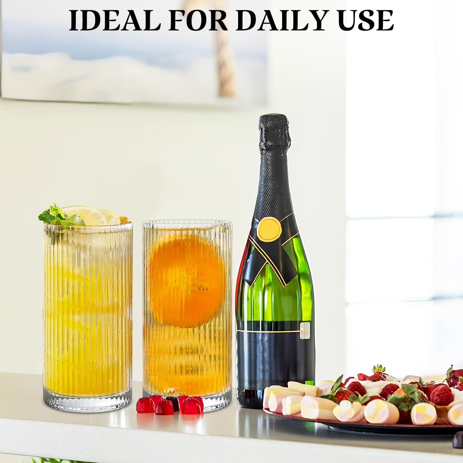 Vasos para beber, vasos Highball, cristalería acanalada, taza de café, tazas para agua, café, cóctel, cerveza, jugo (12 onzas), juego de 4