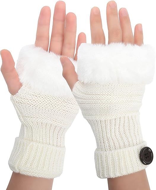 BONU Fingerless Mitten - Fingerless Gloves for Women Cashmere Short Gloves Mittens Women Thumb Hole Knitted Warm Gloves with Faux Fur for Women Gifts
