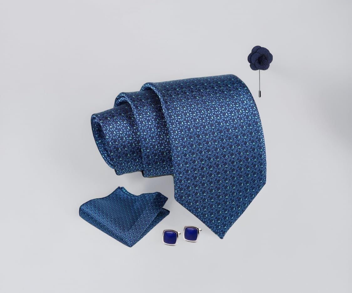 Tie for Men – Micro Silk Neck Ties Set with Cufflinks Flower Pin, Pocket Square & Black Gift Box, Combo Necktie Sets for Office Wear, Formal Suits & Weddings (Peacock Blue, AX24_32)