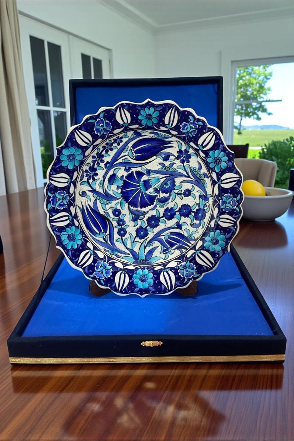 SODEF Decorative Plate 30cm Handmade Kütahya Ceramic Tile with Velvet Box, Navy Blue & Turquoise Samur Craftsmanship, Turkish Home Decor - Navy Blue - Turquoise, One Size