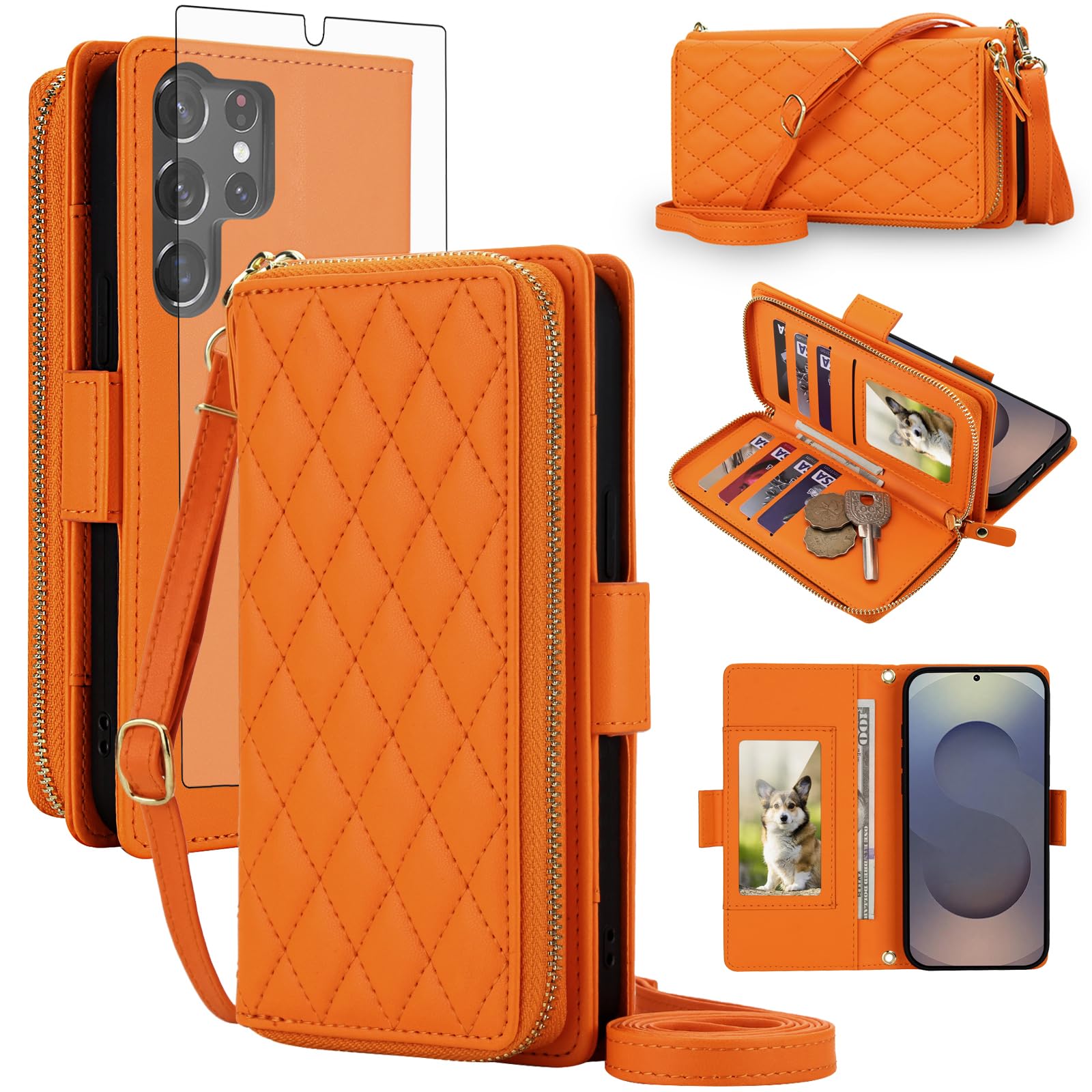 Funda tipo cartera compatible con Samsung Galaxy S26 Ultra 5G, cierre de cremallera, bloqueo RFID, protector de pantalla, correa cruzada, tarjetero, S26Ultra, 26S, S, 26, 26Ultra, para mujeres y