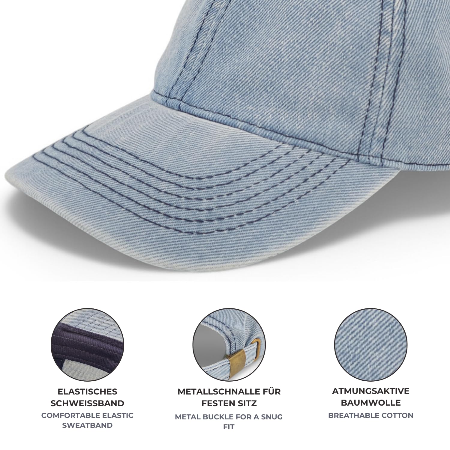 styleBREAKER Gorra Baseball Unisex en Mezclilla con Hebilla Ajustable, Visera Curvada y Agujeros de Ventilación, Gorra de Algodón Transpirable para Hombres y Mujeres