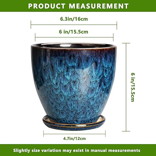 Miniatura 4 de Maceta de cerámica de 6.3 pulgadas con orificio de drenaje y platillo, maceta redonda para suculentas para plantas de interior y exterior, color azul