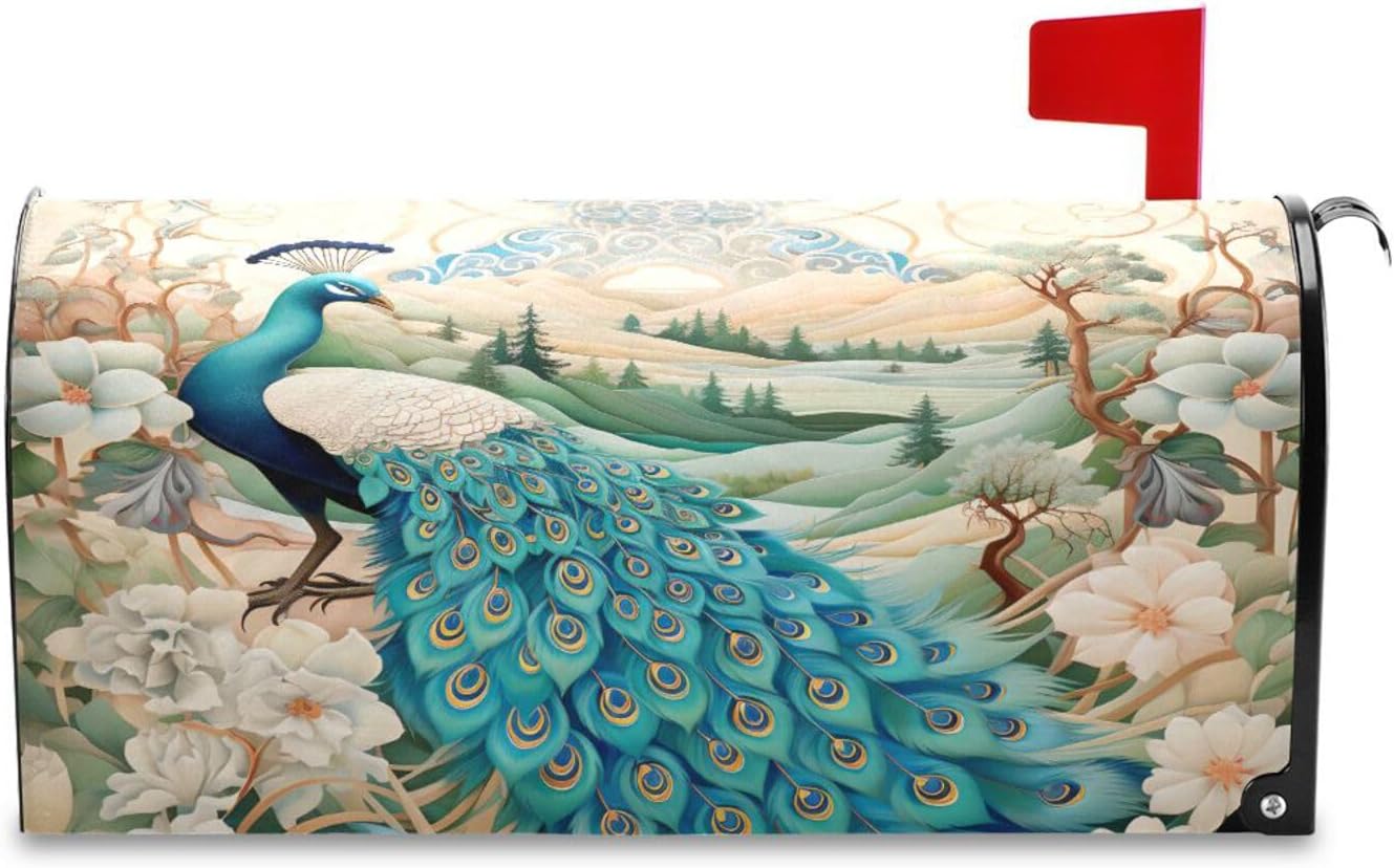 MNSRUU Nylon Mailbox Covers Magnetic Peacock and Flowers Mailbox Covers Large Mail Box Oversized 20.8x25.4in Mailbox Wraps Post Letter Box Cover for Garden Decorations