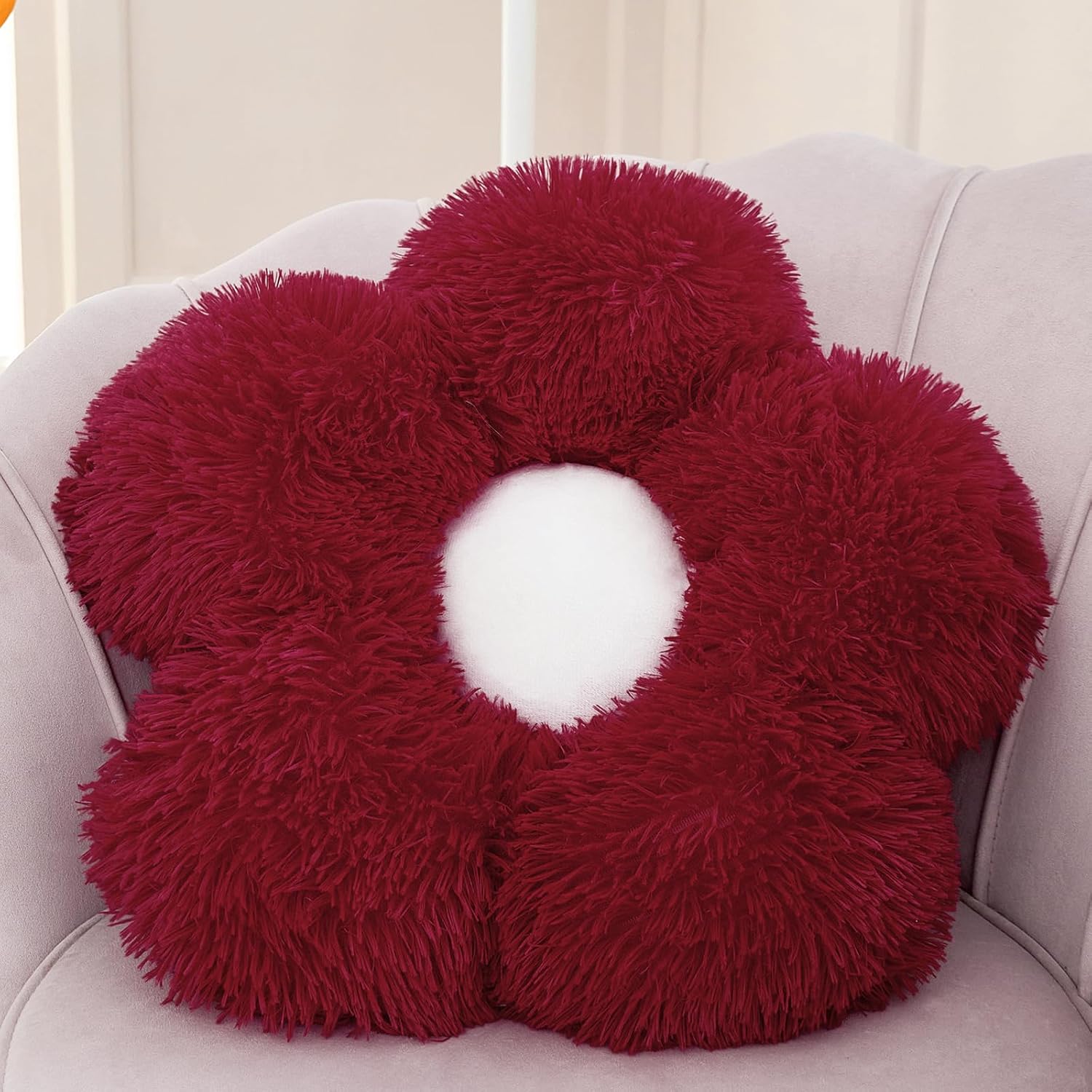 MorroMorn Flower Pillow Shaped Throw Pillows, 20" Floor Pillow Butt Cushion - Fluffy Shaggy Daisy Floral Decorative Pillows for Bed Couch Sofa Chair Cute Plush Faux Fur Room Decor (Dark Red)