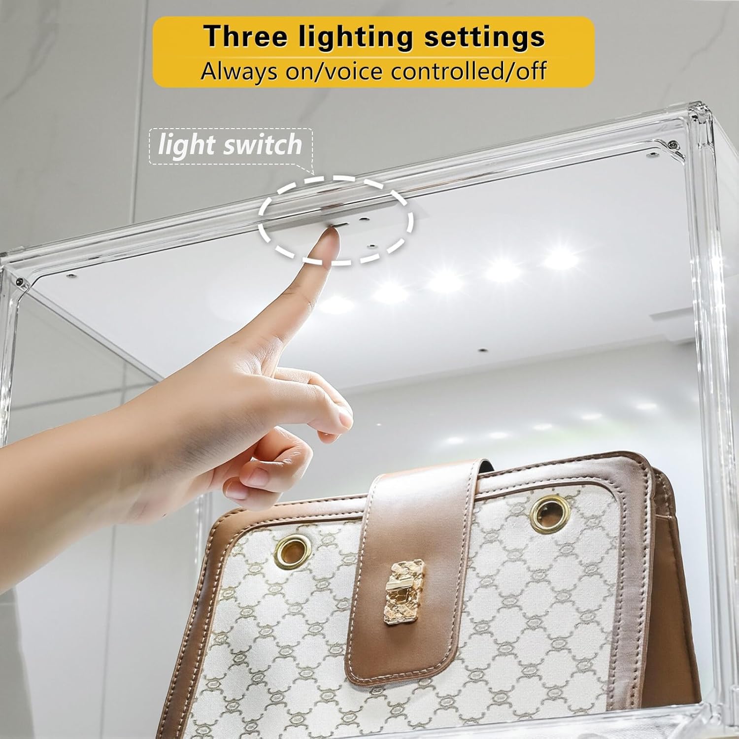 Clear Acrylic Display Case with Light, Dustproof Stackable Showcase for Collectibles, Figures, Shoes, Toys & Jewelry - Plastic Storage Bins Support Voice Control Lighting