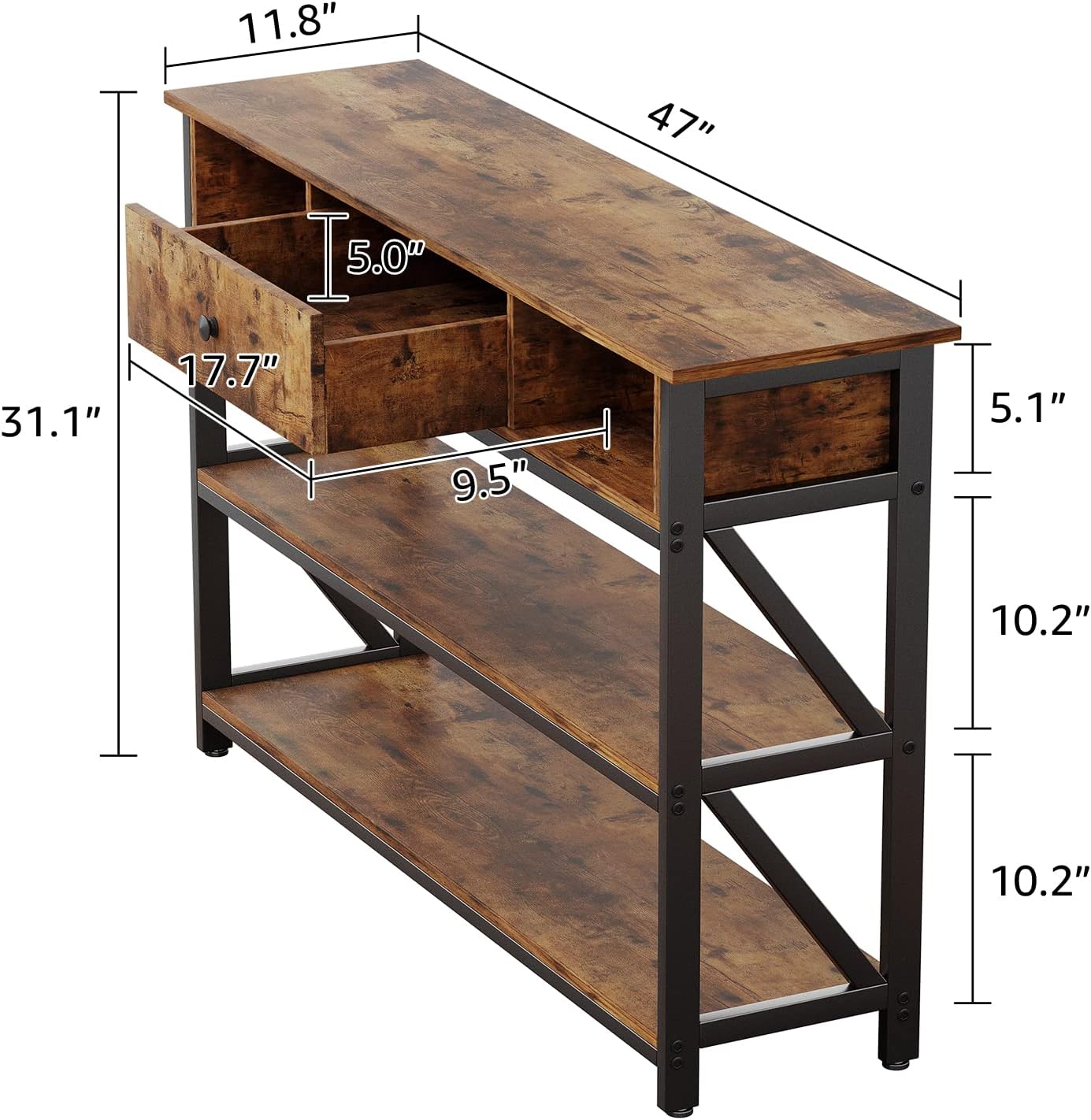 Diagram showing the dimensions of the Mexin Console Table, including length, width, height, and shelf spacing.