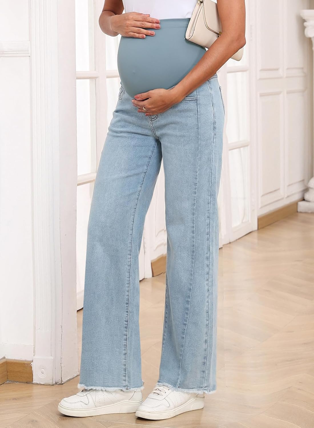 BLENCOT Maternity Jeans for Women Straight Leg Stretchy Denim Ripped Pregnancy Boyfriend Jean - Image 3