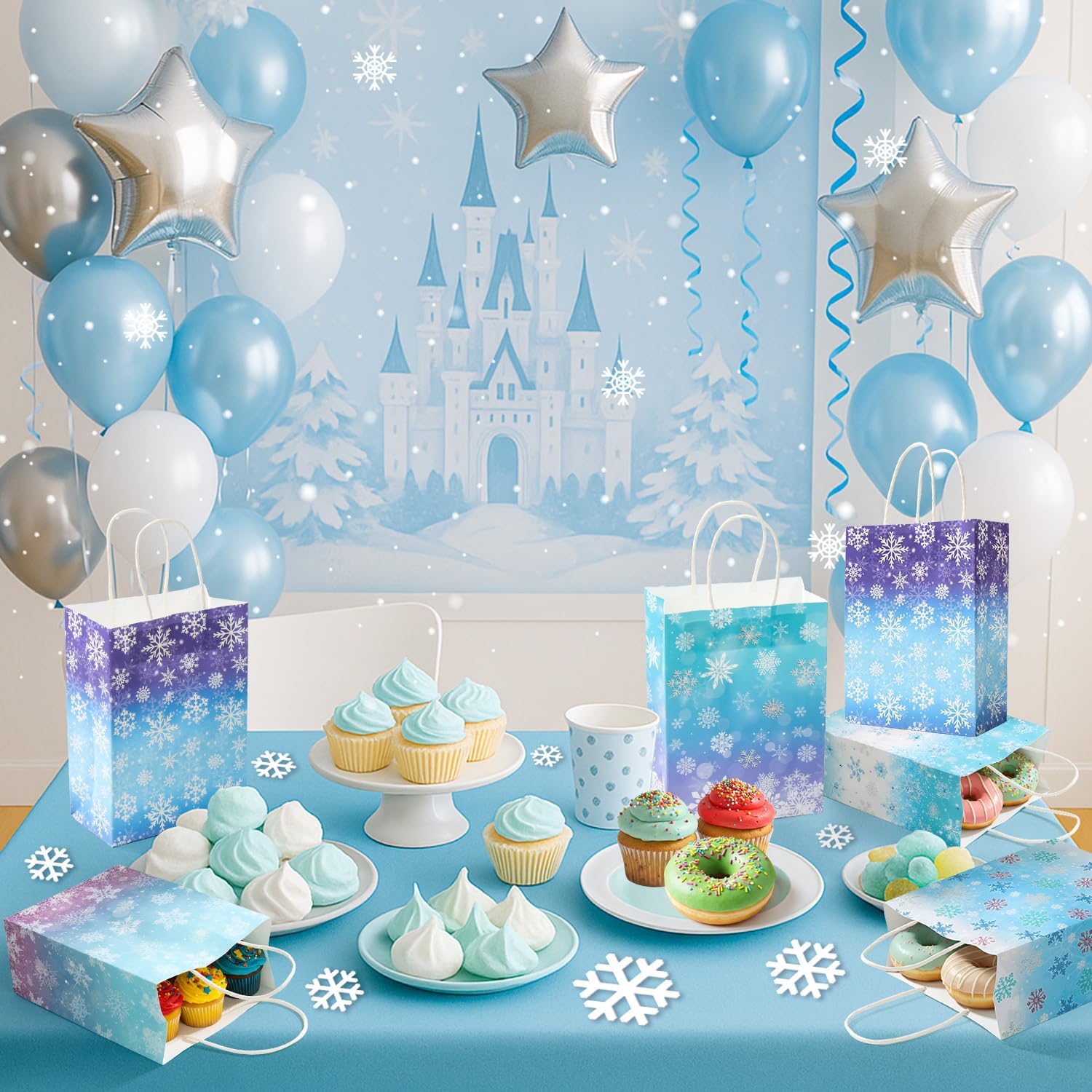 Winter Snowflake Party Favor Bags for Holiday Treats 24 Pcs- Snowflake Gift Bags with Handles, Goodie Bags for Christmas Party, Birthday Party Decorations, Reusable Snow Bags for Gifts and Favors - Image 4