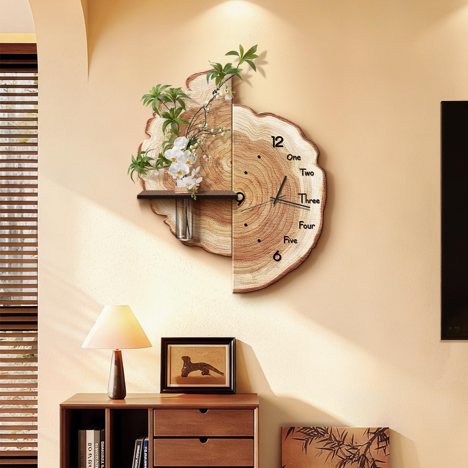 DAJIAYIQI Tree Ring Wall Art, Silent Rustic Wall Clock with Shelf & Vase, Hanging Decoration, Irregular Shape Decor, for Home Office, Living Room, Bedroom, Entryway(Style B,50cm/19.7in)