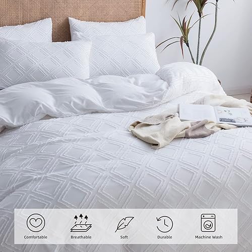 Miniatura 2 de JELLYMONI Juego de funda de edredón blanco brillante, talla Queen, 3 piezas, microfibra, estilo capitoné, texturado, bohemio, patrón geométrico de