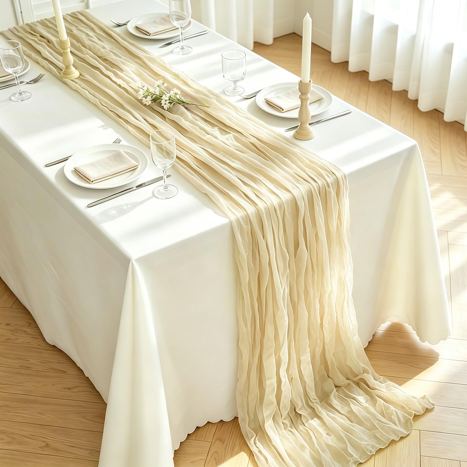 Cheesecloth Table Runner 90×300cm Rustic Boho Table Runner Gauze Sheer Fabric Table Runners for Kitchen, Farmhouse, Wedding, Party, Home Decor (Beige, 1 Pack,90 x 300cm)