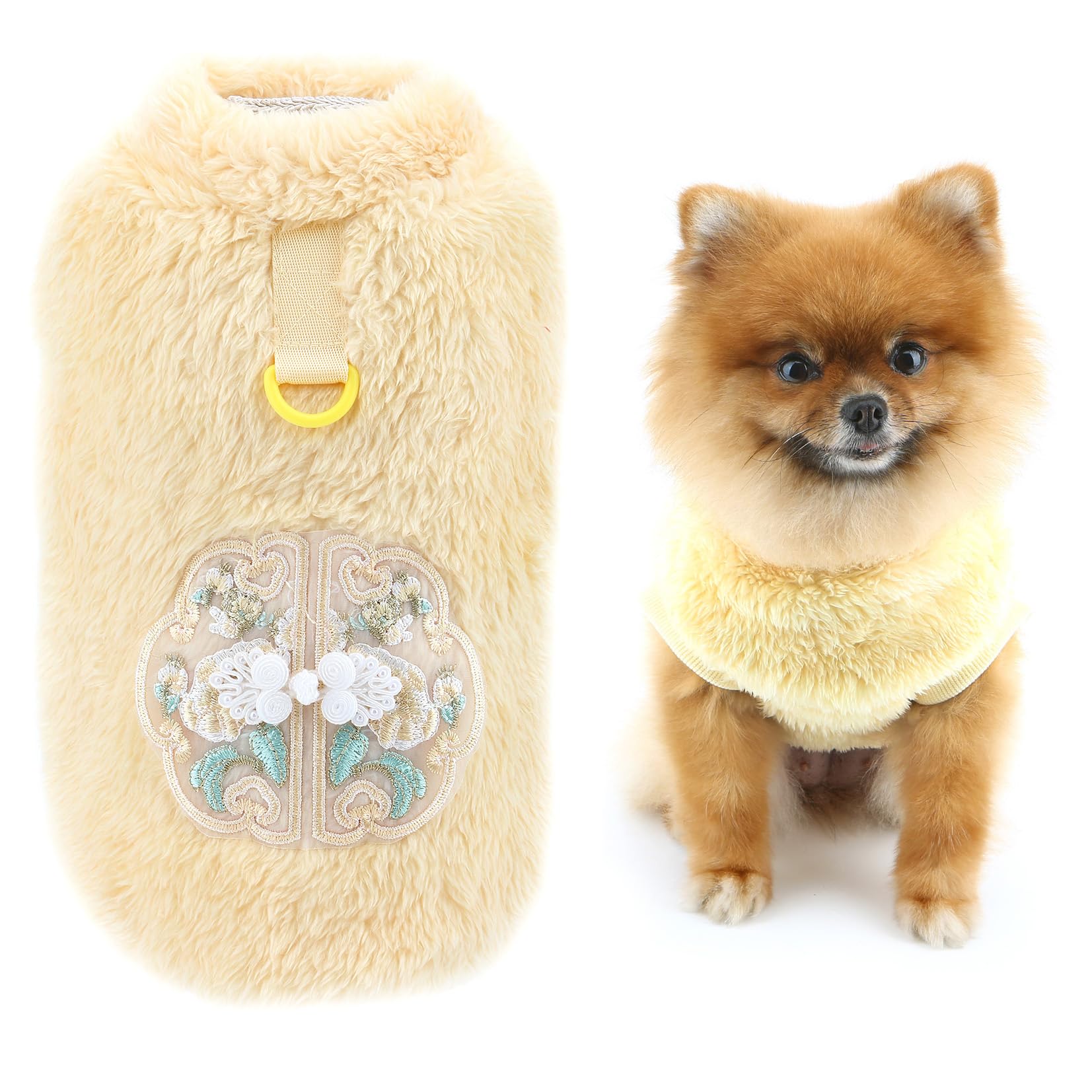 SMALLLEE_LUCKY_STORE Fleece Dog Sweater for Small Dog Pet Sweatshirt with D-Ring Chinese New Year Clothes Puppy Pullover Warm Winter Fall Chihuahua Yorkie Apparel, Yellow, XXL