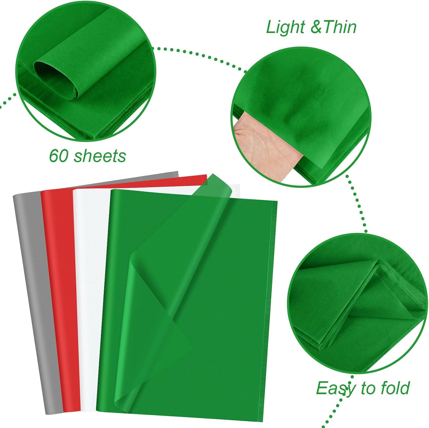 CHRORINE 60 Sheets Christmas Tissue Paper Multicolor Art Gift Wrapping Tissue Paper Bulk for DIY Crafts Decor Christmas Holiday Party （ Red/Green/White/Gray） image 3