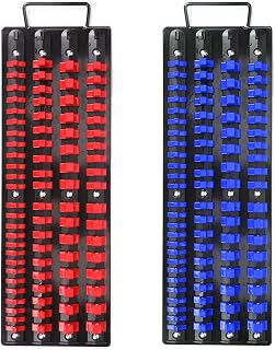 80-Piece Portable Socket Organizer Tray, 2 Pcs Set, Blue & Red, Tools Organizer 1/4-Inch, 3/8-Inch, 1/2-Inch, Heavy Duty Socket Holder, Black Rails, Blue & Red Clips