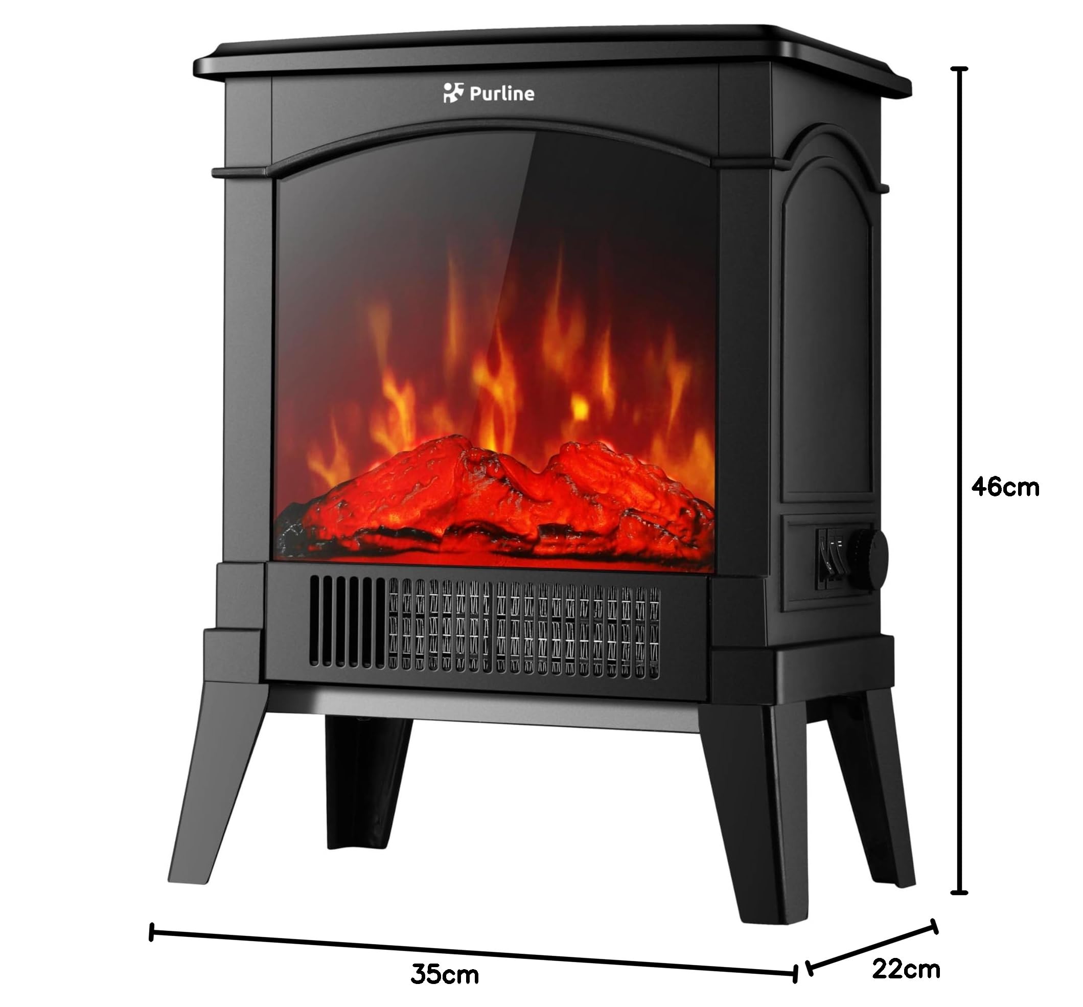 Purline | Camino elettrico da pavimento compatto 1500 W CHE-100 - Camino elettrico, design retrò, con gambe e vetro temperato