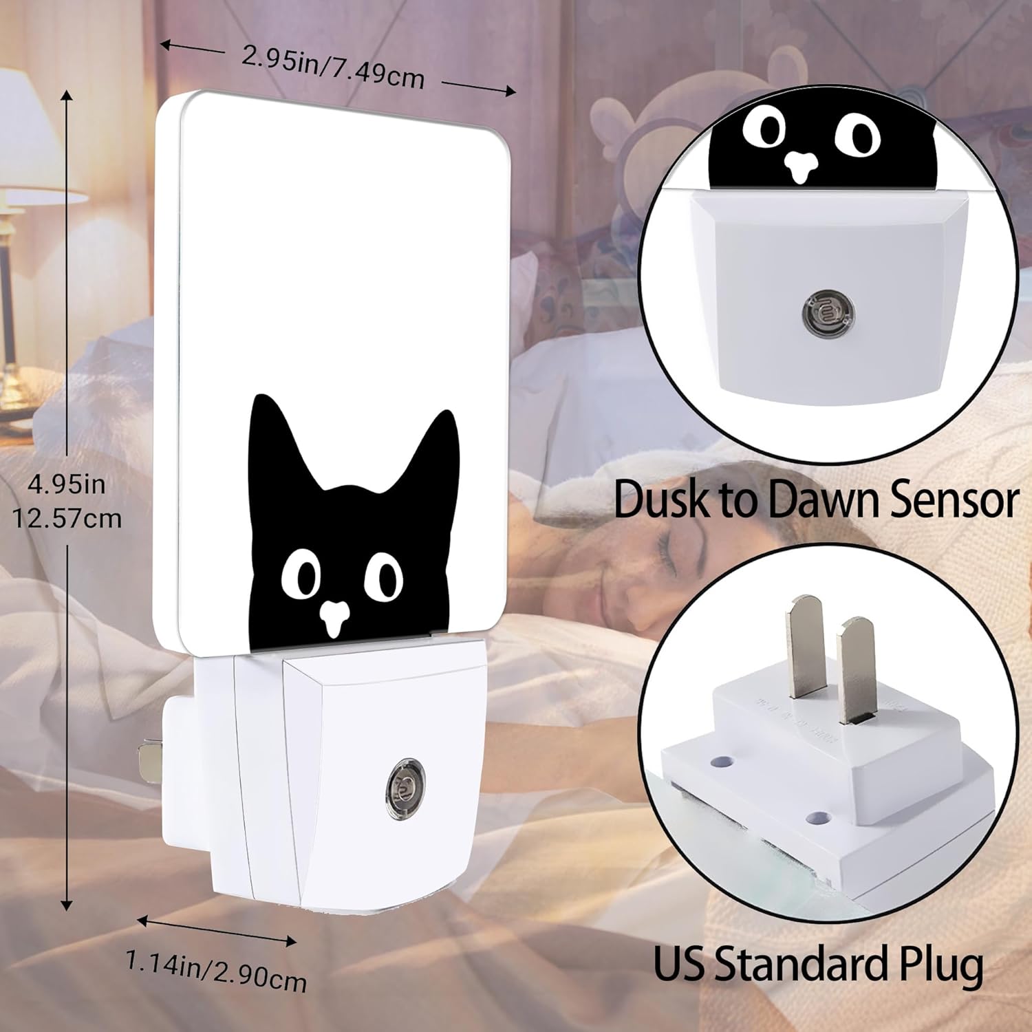 Black Cat Cute Dusk to Dawn Night Light, Auto Sensor Lamp Home Indoor Stairway Kitchen Corridor, Night Lights Plug into Wall Decor, Boys Girls Women Men Room Gifts
