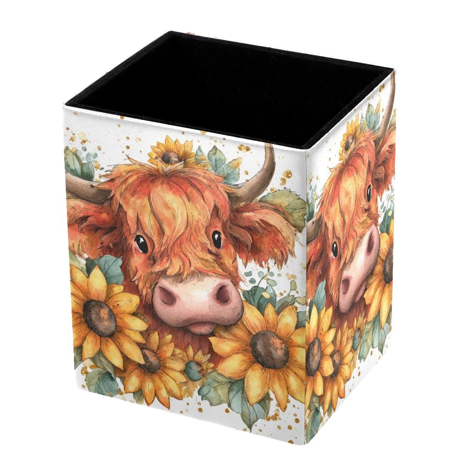 VAPOKF Pencil Holders for Desk, Sunflowers and Cow Printed Pen Holders Pen Pot Makeup Brushes Storage Desktop Stationery Supplies Organiser for Home Office