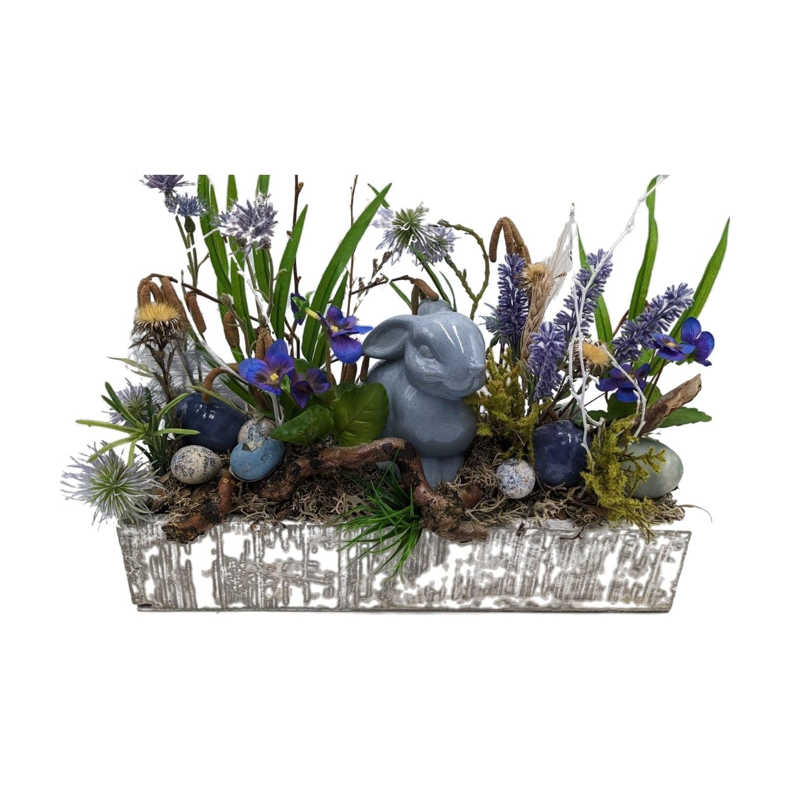 Ostergesteck Frühlingsgesteck Hase Lavendel Eier Distel blau grün