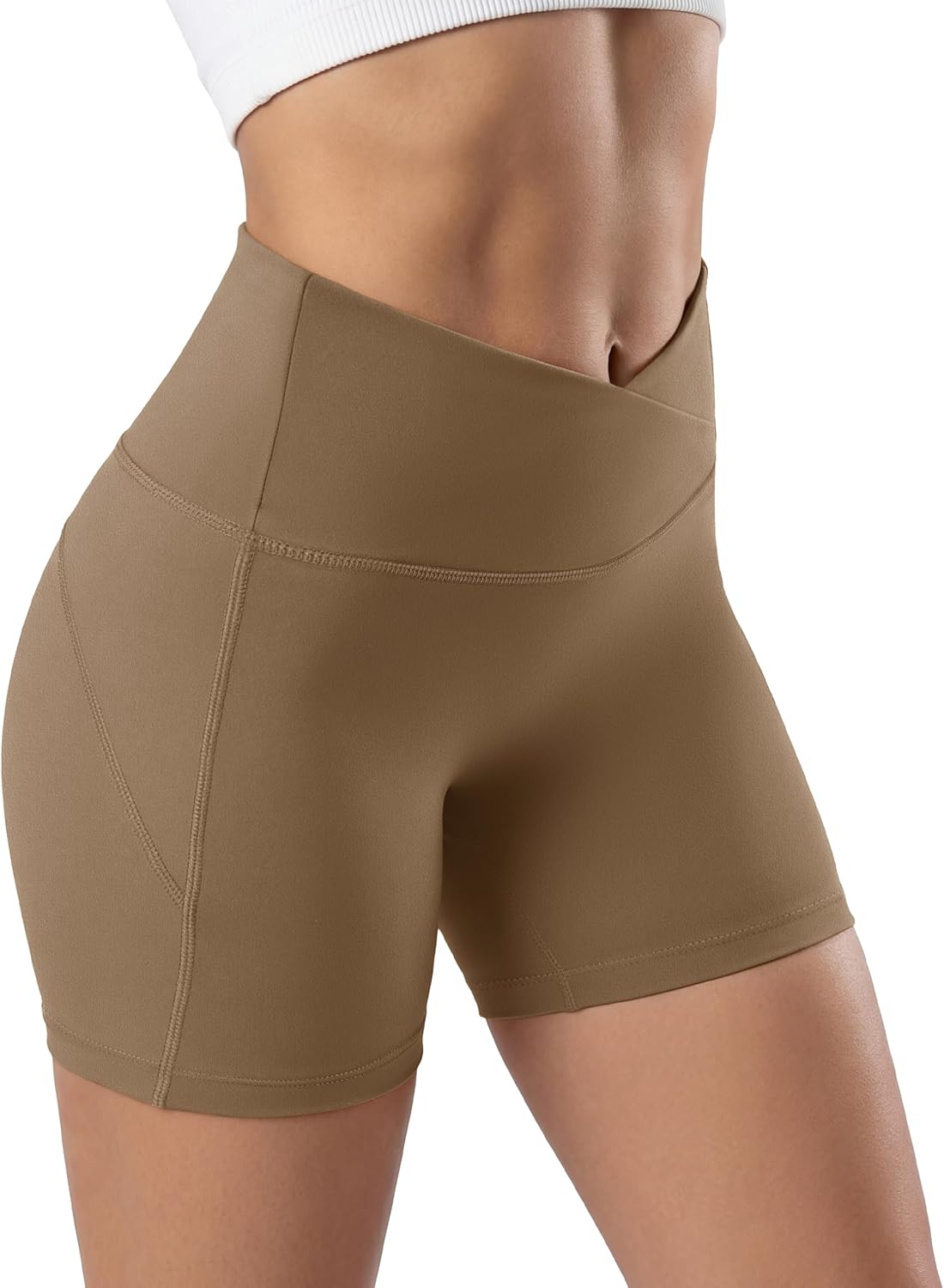 MAGCOMSEN Crossover Biker Shorts Women 4" No Front Seam High Waist Tummy Control Yoga Workout Gym Shorts Back Pocket
