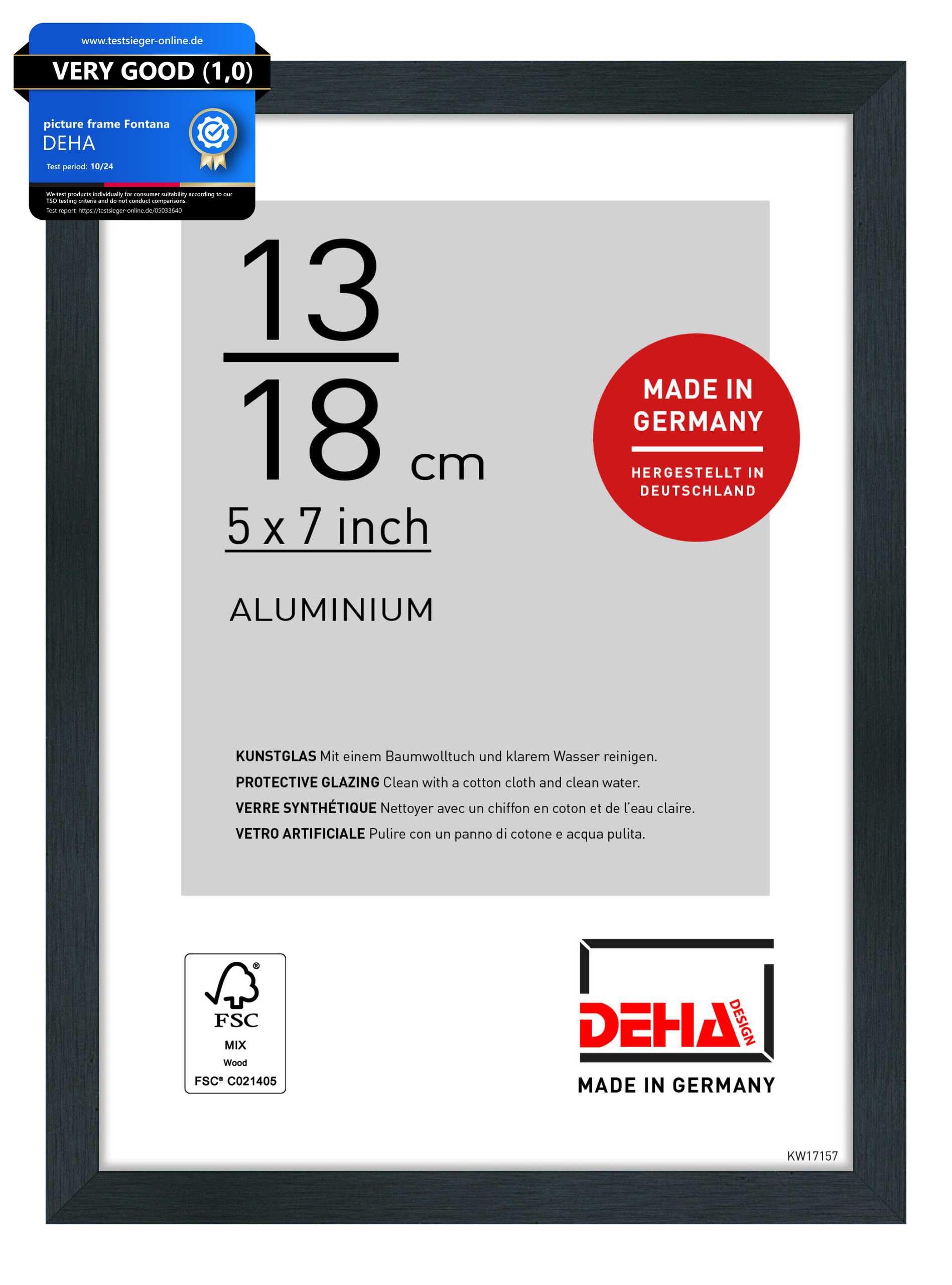 Deha Design Brushed Frosted Black Tribeca Aluminium Picture Frame - 13X18 cm (5X7 in) – Brushed Black - With Synthetic Glass And Push/Turn Clips