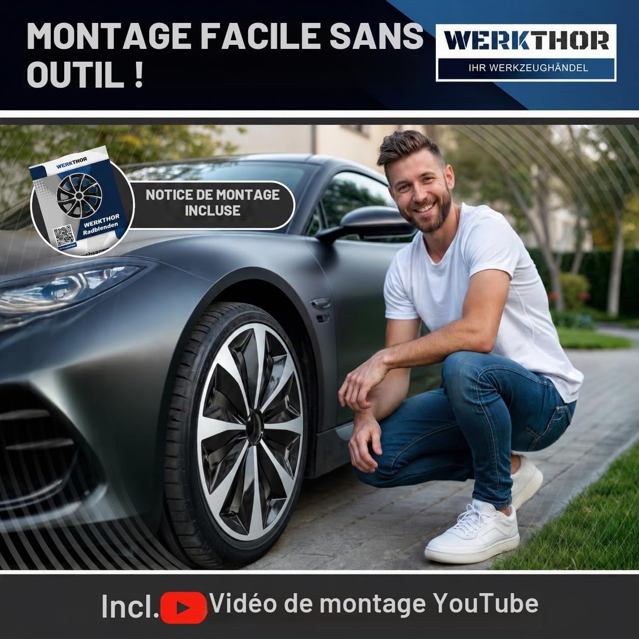 WERKTHOR Lot de 4 enjoliveurs de qualité supérieure - 17" - Noir/argenté