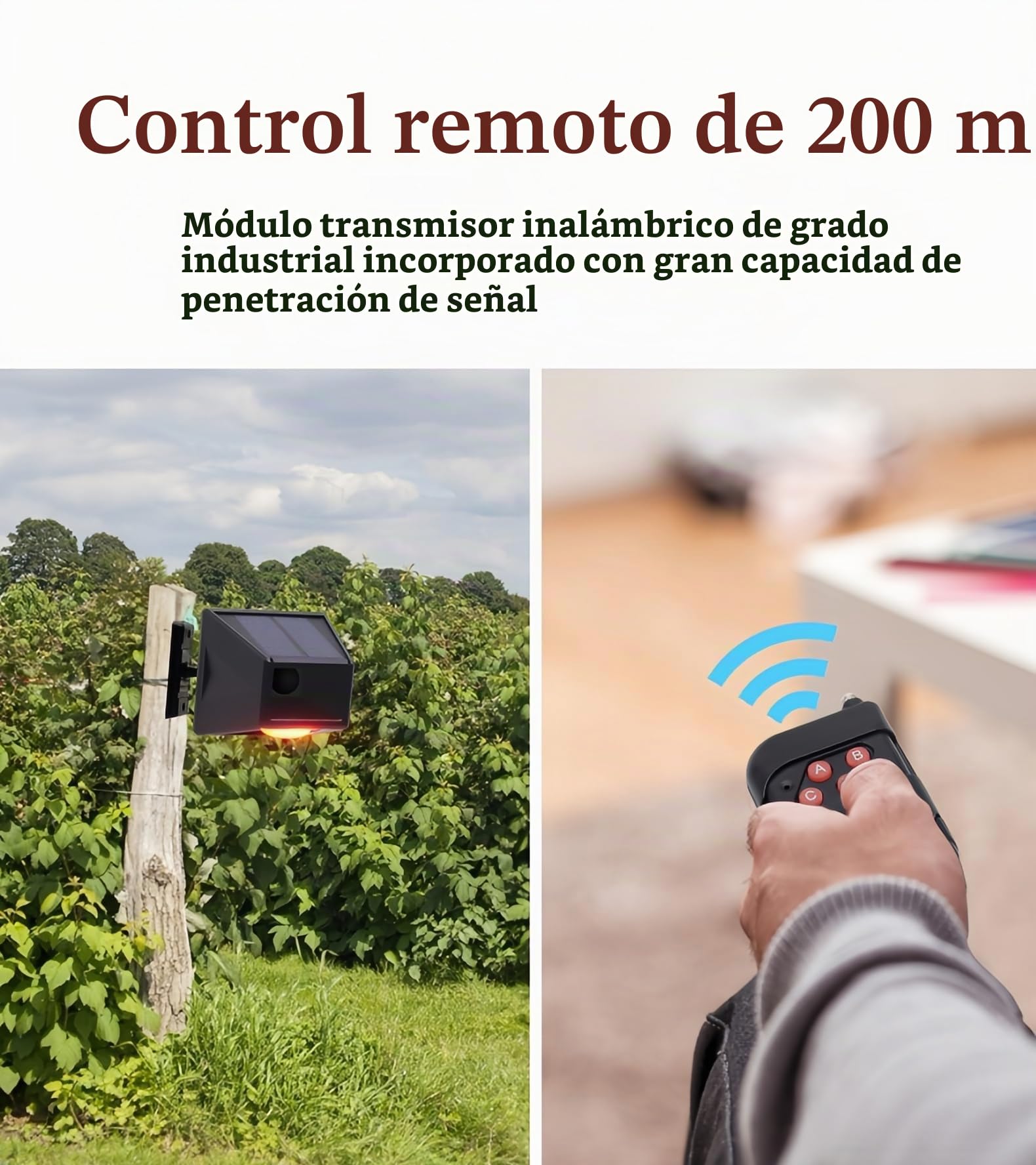 2 Pack Alarma Solar Exterior Sensor de Movimiento IP65 Impermeable 129db Luz Estroboscópica con Control Remoto para Granja Huerto