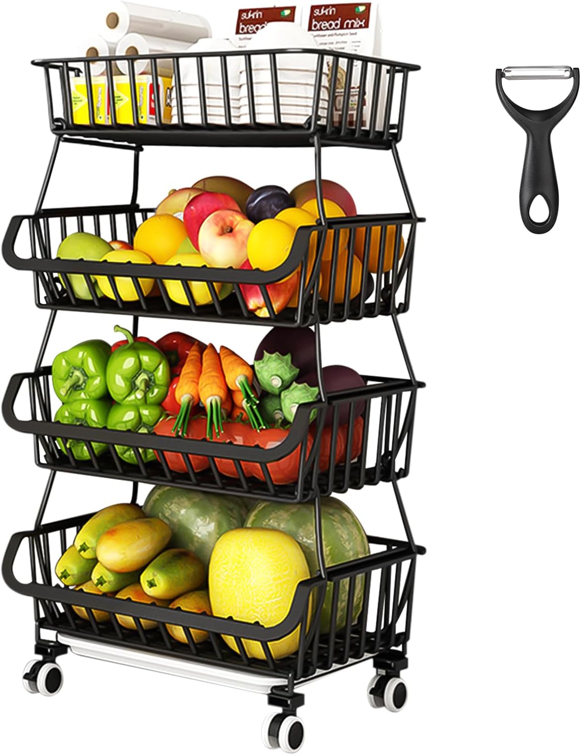 Rangement A Legume Panier Fruits Et Légumes Avec Roues Panier Tournant 3 étages Pour Fruits/ Légumes - Noir Avec Roulettes Roue Chariot étagère Rangement Légumes