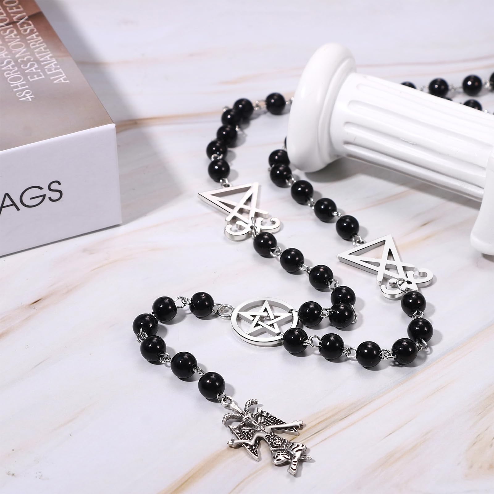 Collana da Uomo Donna con Rosario Religioso Satana Perline Nere Simbolo Caprone di Mendes