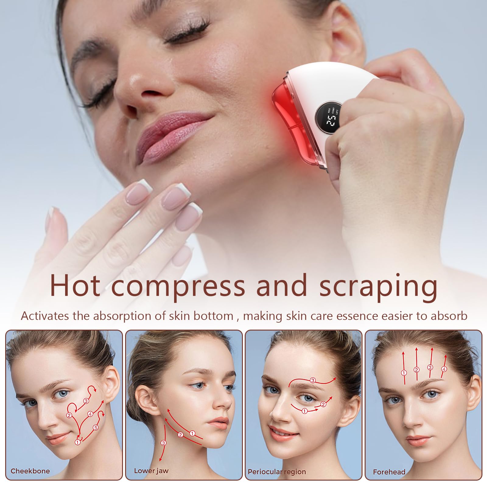 EMS Gua Sha Gesichtsmassagegerät,Gua Sha Elektrisch mit Vibration & Wärme,LED Blau, Grün & Rotlicht Face Lifting Gerät Face Massager für Gesicht Anti Falten Anti Aging