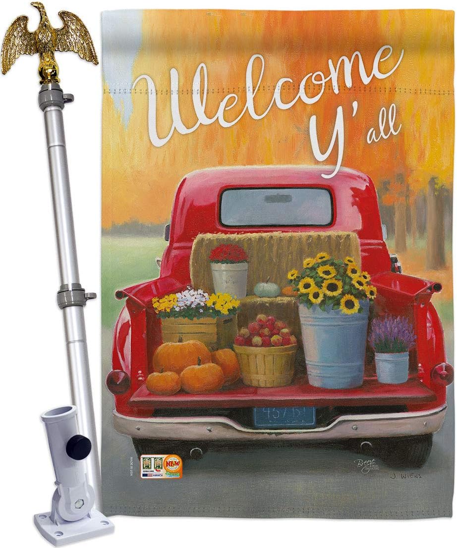 Welcome Harvest Truck Garden Flag - Pack Fall & Autumn Scarecrow Pumkins Sunflower Leaves Season Autumntime Gathering USA Applique - House Banner Small Yard Gift Double-Sided Made In 13 X 18.5