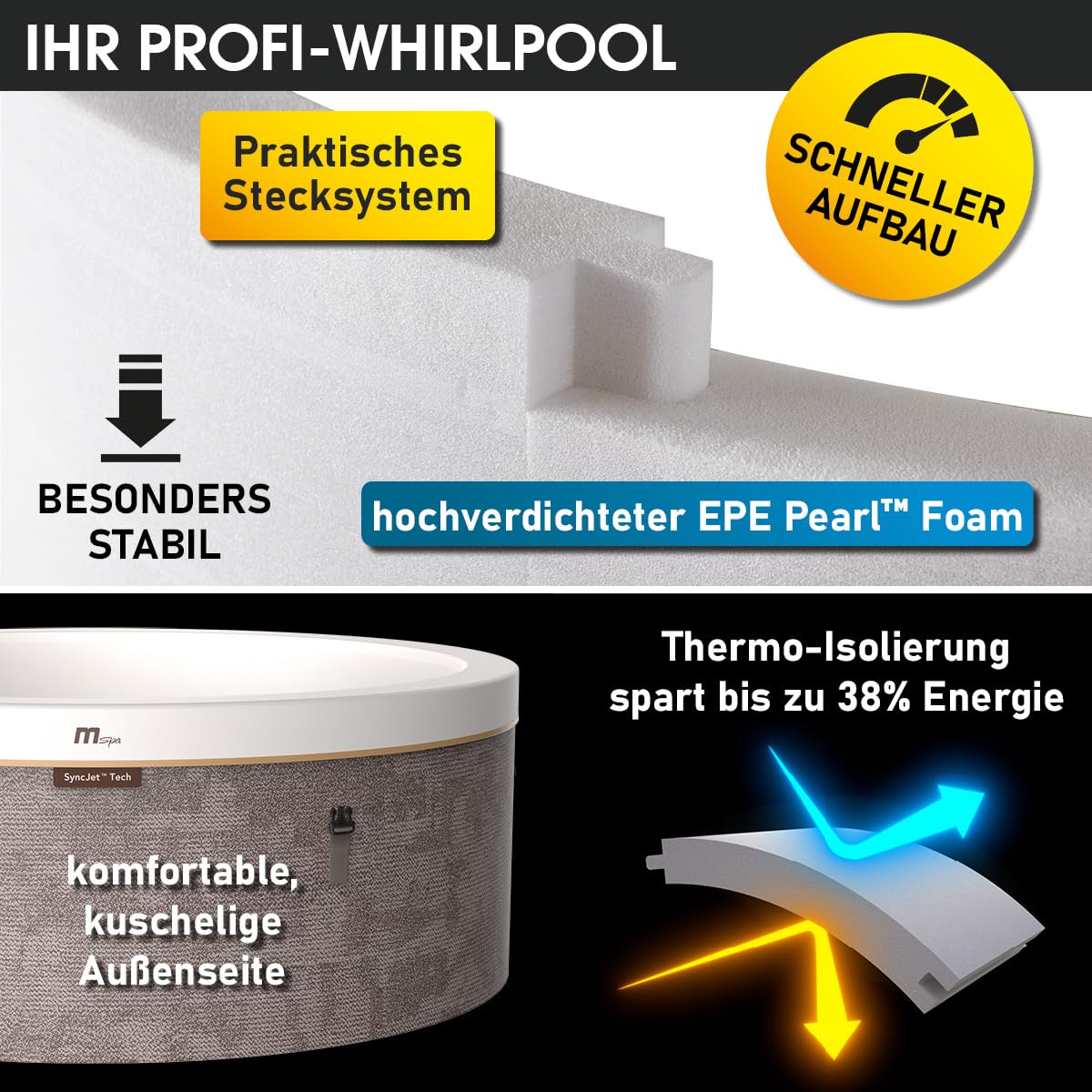 BRAST Whirlpool MSpa Cocoon für 6 Personen mit Schaumstruktur | Ø180x65cm | 130 Massagedüsen in 3 Intensitäten | In- Outdoor Pool | Ganzjähriger Einsatz Winterfest | einfache Steuerung per App