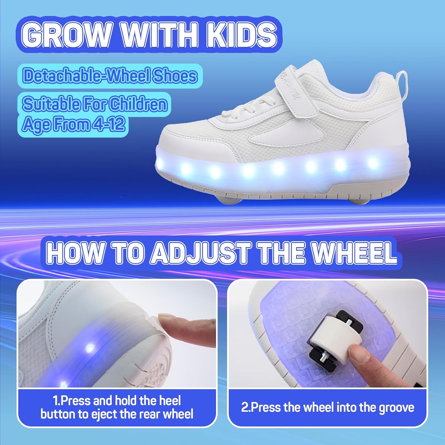 Kids Shoes with Wheels - 4 in 1 Light-Up Roller Shoes with USB Rechargeable LED Sneakers for School Christmas Party Gifts
