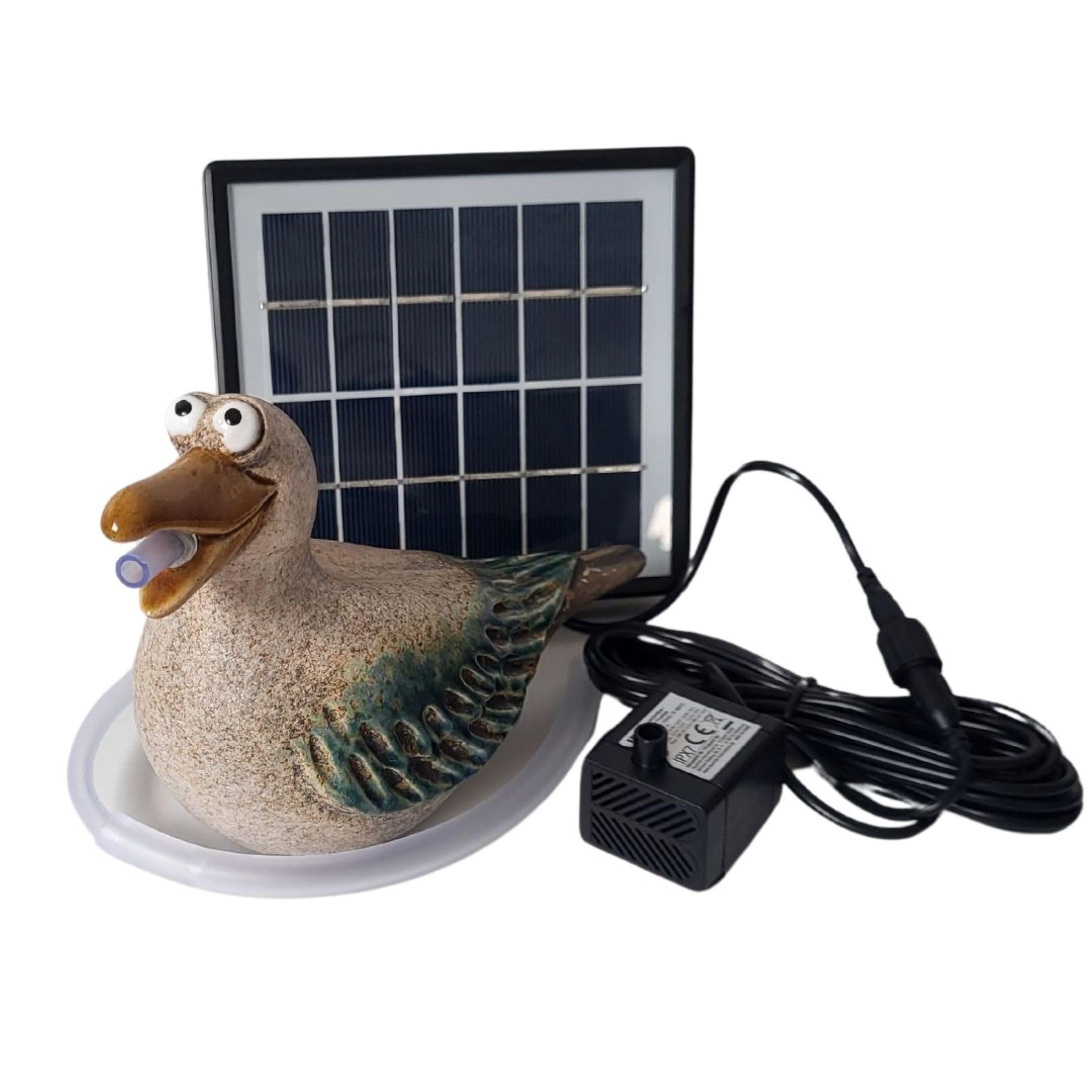 Solar-Wasserspeier Möwe für Teiche und Miniteiche - Keramik Tierfigur mit Solarpumpe - Garten und Balkondeko, Solarbrunnen