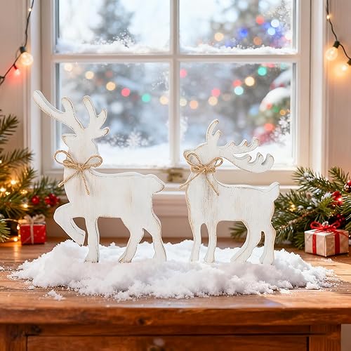 Miniatura 7 de COCHIE Adornos Vintage de Renos de Navidad para Hogar, Oficina, Repisa, Mesa, Fiesta, Estante, 2 Adornos Retro de Granja de Renos para Vacaciones de