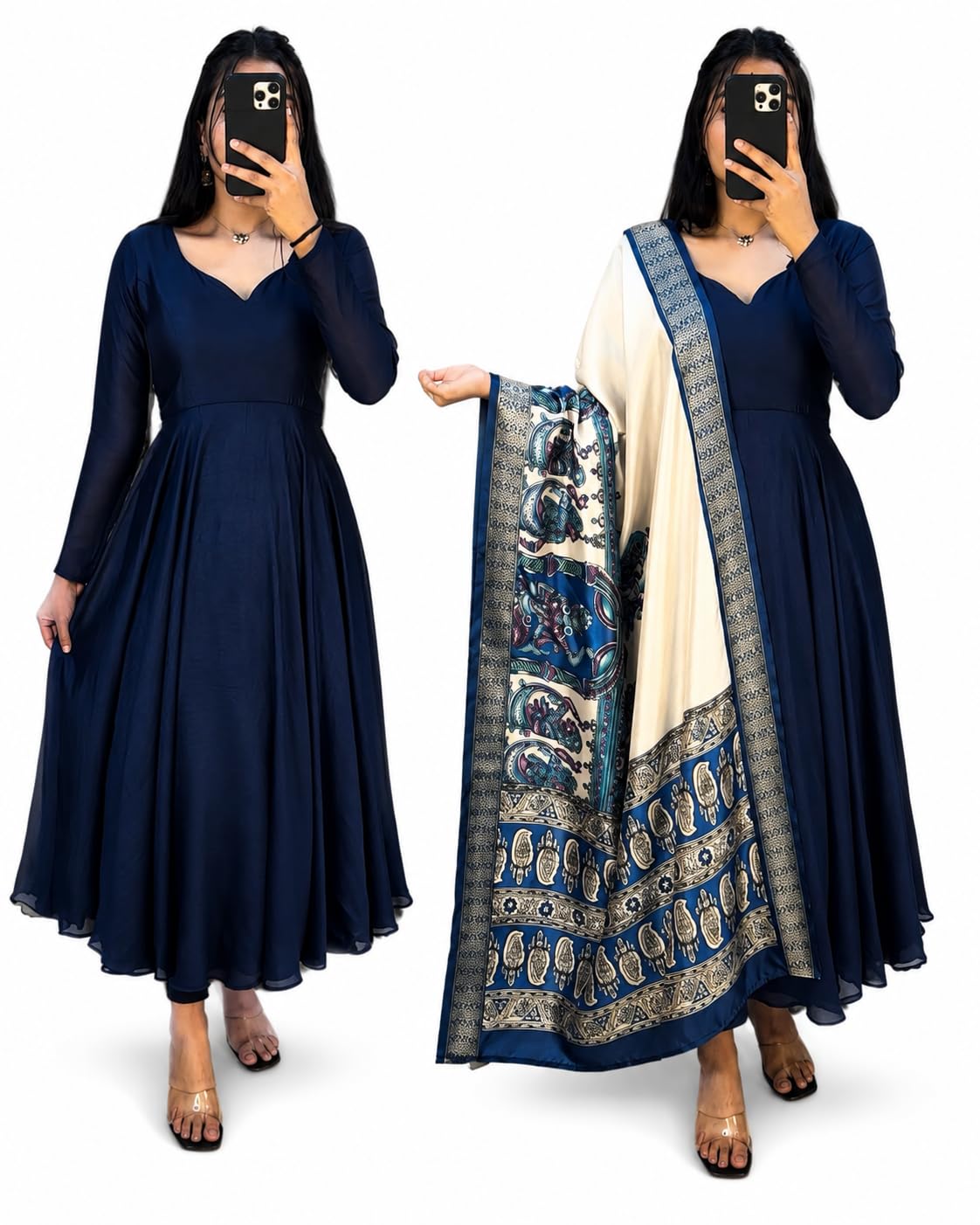 Anarkali Gown with Printed Dupatta | Full Sleeve Flared Ethnic Dress Set | Festive, Wedding, Kurta Set (blua)-image-30