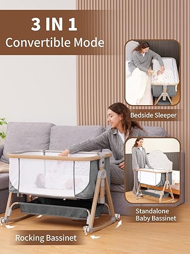 Miniatura 3 de Cuna para bebé junto a la cama - Cunas 3 en 1 con sábanas impermeables, colchón suave y malla transpirable, cuna junto a la cama ajustable en altura